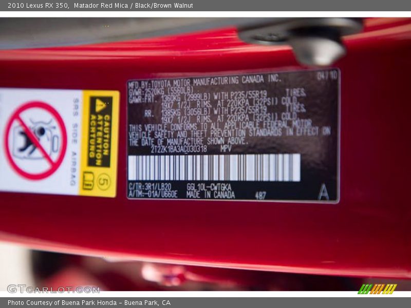 Matador Red Mica / Black/Brown Walnut 2010 Lexus RX 350