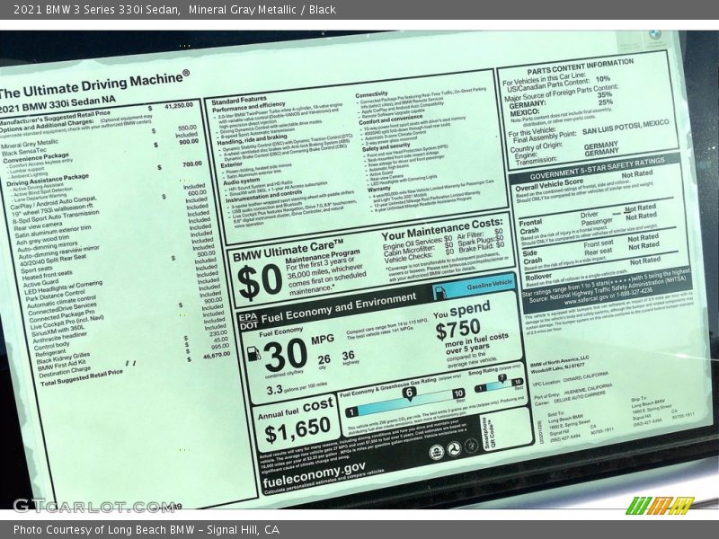  2021 3 Series 330i Sedan Window Sticker