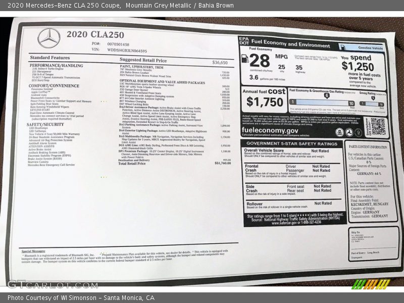  2020 CLA 250 Coupe Window Sticker