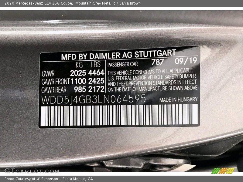 2020 CLA 250 Coupe Mountain Grey Metallic Color Code 787