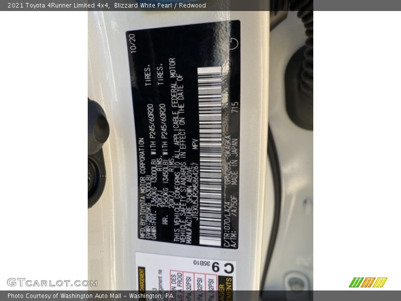 2021 4Runner Limited 4x4 Blizzard White Pearl Color Code 070