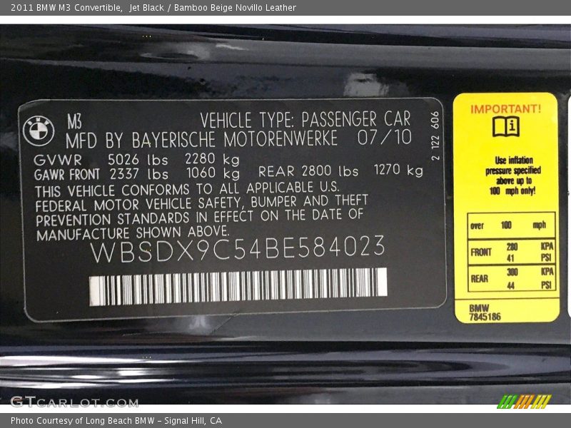 Info Tag of 2011 M3 Convertible