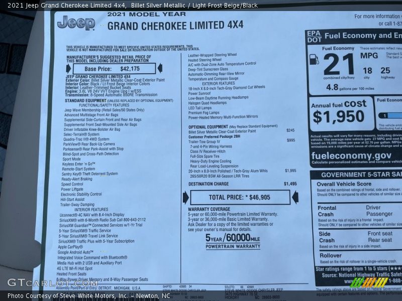  2021 Grand Cherokee Limited 4x4 Window Sticker