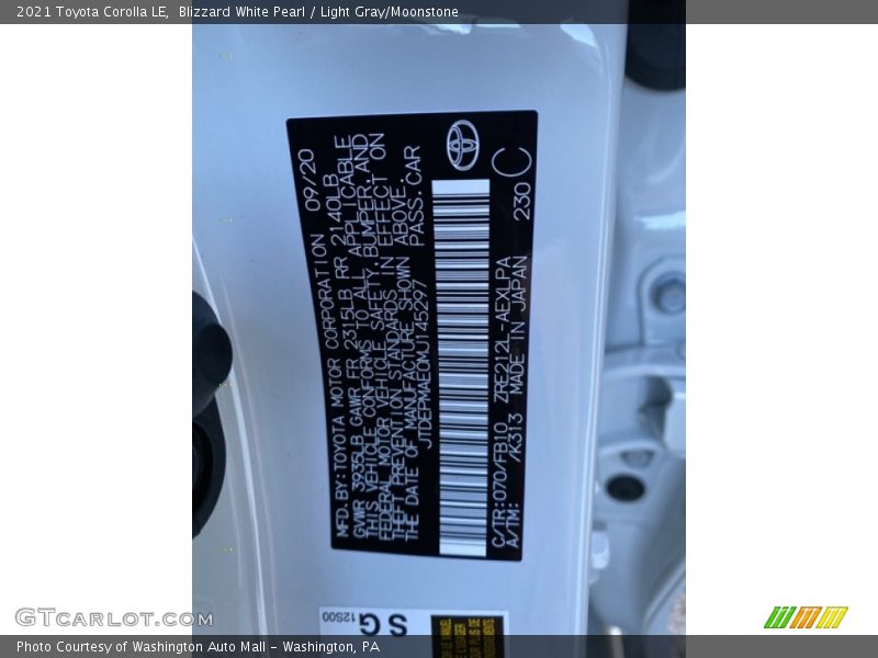 2021 Corolla LE Blizzard White Pearl Color Code 070