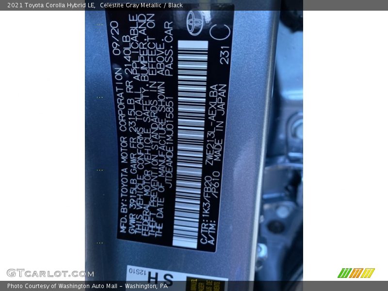 Celestite Gray Metallic / Black 2021 Toyota Corolla Hybrid LE