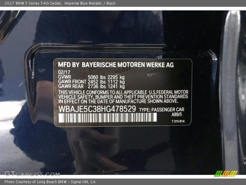 Imperial Blue Metallic / Black 2017 BMW 5 Series 540i Sedan
