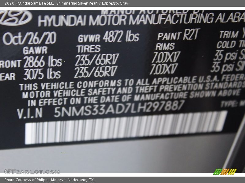 Shimmering Silver Pearl / Espresso/Gray 2020 Hyundai Santa Fe SEL