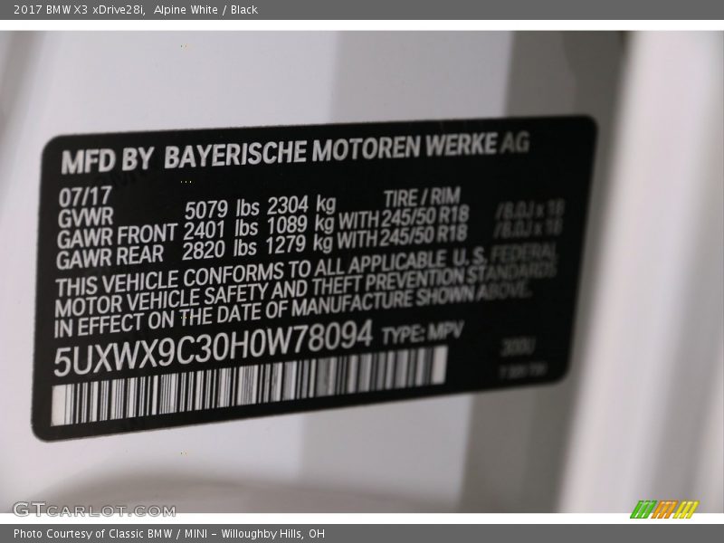 Alpine White / Black 2017 BMW X3 xDrive28i