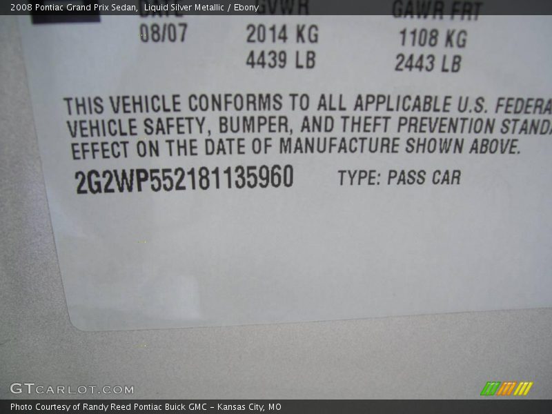 Liquid Silver Metallic / Ebony 2008 Pontiac Grand Prix Sedan