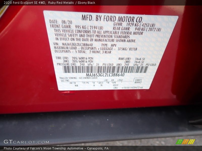Ruby Red Metallic / Ebony Black 2020 Ford EcoSport SE 4WD