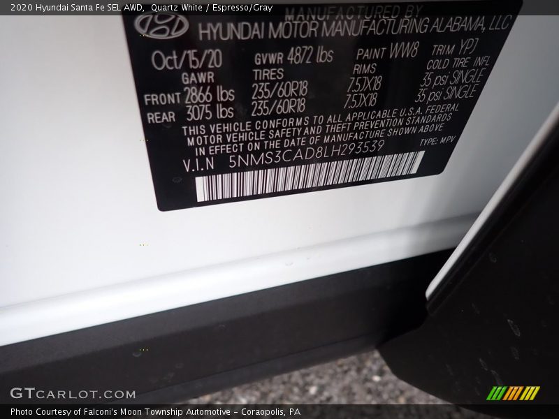 Quartz White / Espresso/Gray 2020 Hyundai Santa Fe SEL AWD