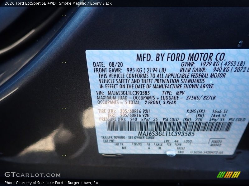 Smoke Metallic / Ebony Black 2020 Ford EcoSport SE 4WD