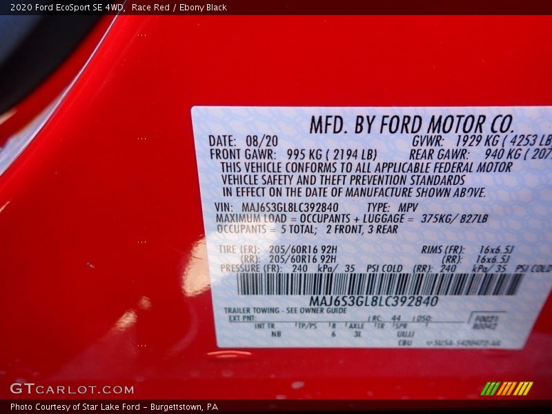 Race Red / Ebony Black 2020 Ford EcoSport SE 4WD
