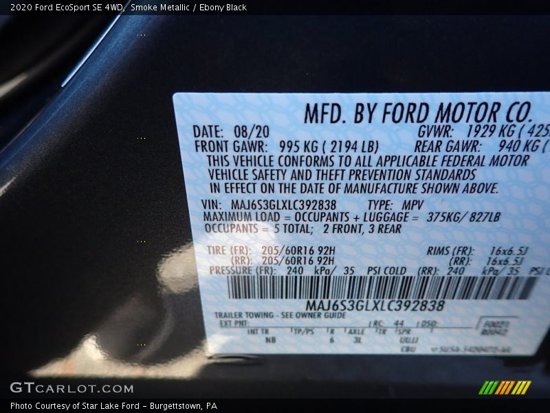 Smoke Metallic / Ebony Black 2020 Ford EcoSport SE 4WD
