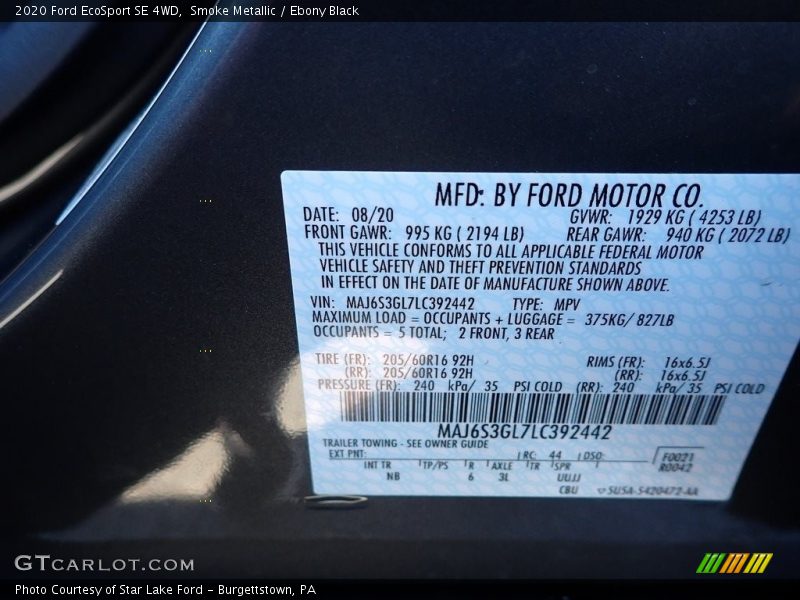 Smoke Metallic / Ebony Black 2020 Ford EcoSport SE 4WD