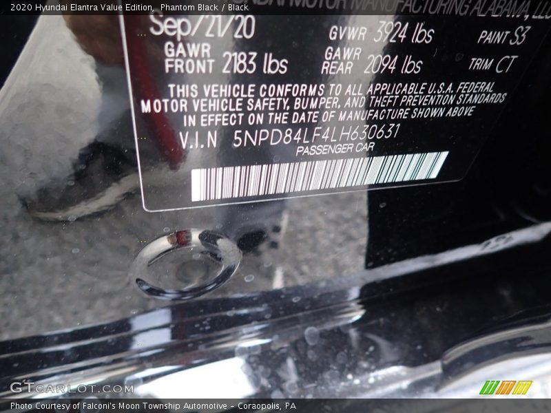 Phantom Black / Black 2020 Hyundai Elantra Value Edition