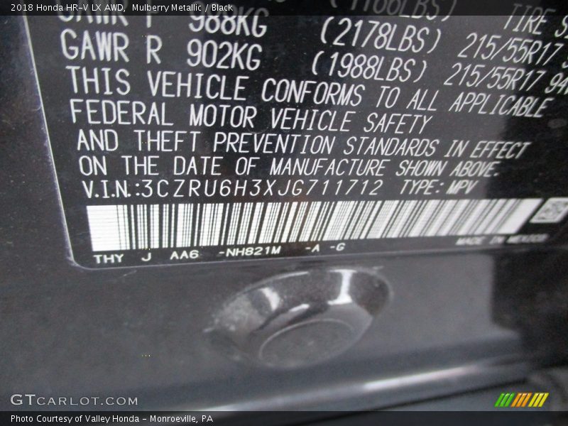 Mulberry Metallic / Black 2018 Honda HR-V LX AWD