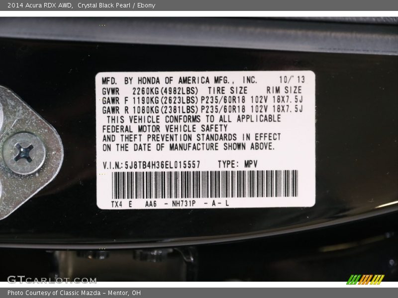 2014 RDX AWD Crystal Black Pearl Color Code NH731P