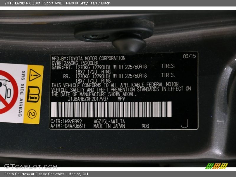 2015 NX 200t F Sport AWD Nebula Gray Pearl Color Code 1H9