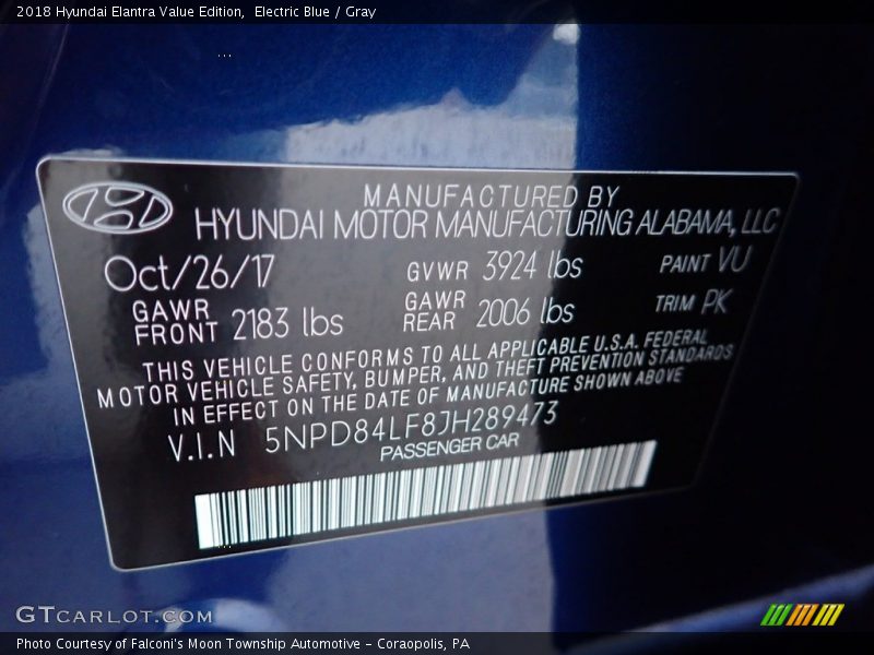 Electric Blue / Gray 2018 Hyundai Elantra Value Edition