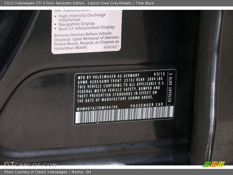 Carbon Steel Gray Metallic / Titan Black 2013 Volkswagen GTI 4 Door Autobahn Edition
