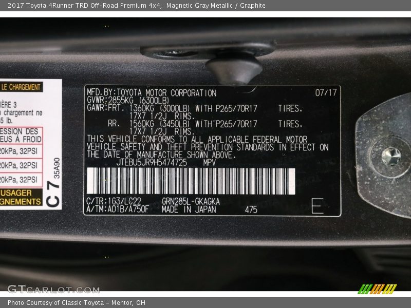 Magnetic Gray Metallic / Graphite 2017 Toyota 4Runner TRD Off-Road Premium 4x4