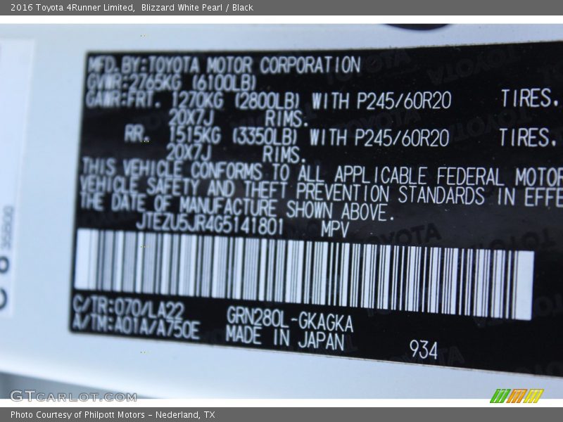 Blizzard White Pearl / Black 2016 Toyota 4Runner Limited