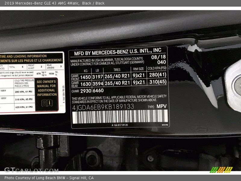 2019 GLE 43 AMG 4Matic Black Color Code 040