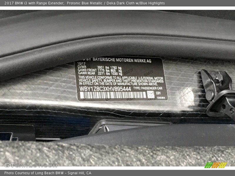 Protonic Blue Metallic / Deka Dark Cloth w/Blue Highlights 2017 BMW i3 with Range Extender