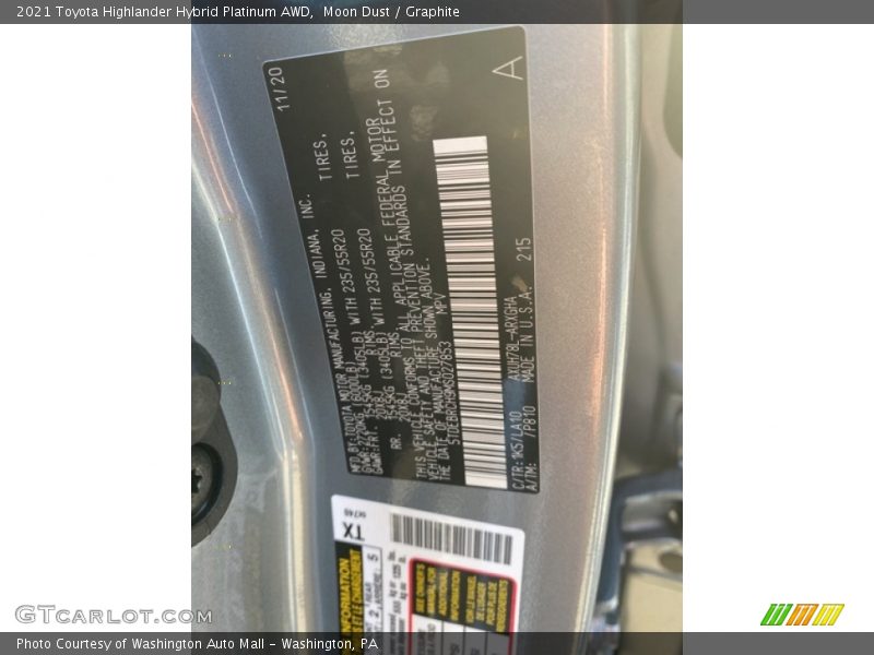 2021 Highlander Hybrid Platinum AWD Moon Dust Color Code 1K5