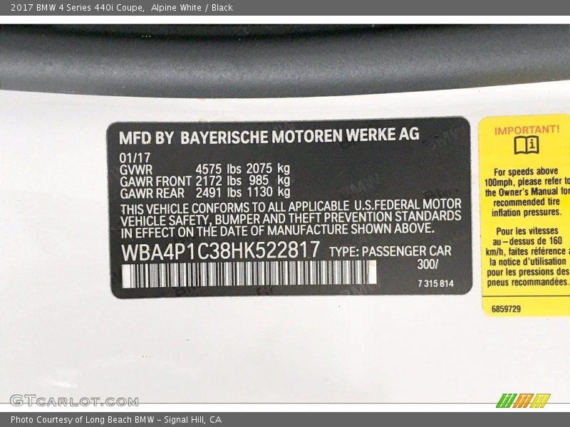 2017 4 Series 440i Coupe Alpine White Color Code 300