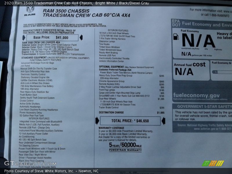 Bright White / Black/Diesel Gray 2020 Ram 3500 Tradesman Crew Cab 4x4 Chassis