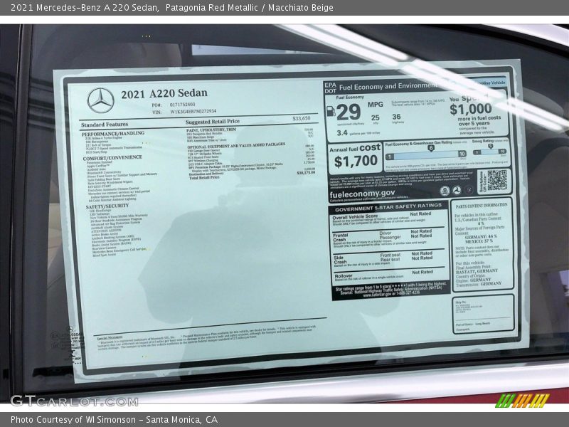  2021 A 220 Sedan Window Sticker