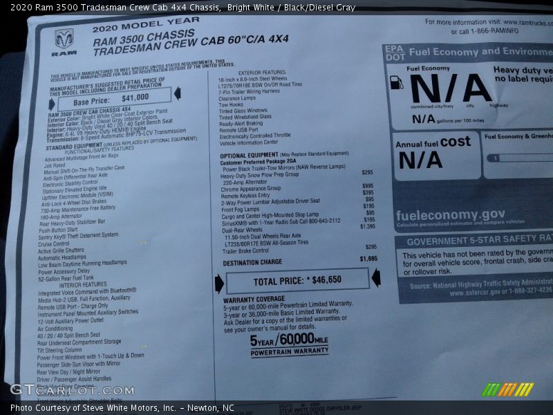 Bright White / Black/Diesel Gray 2020 Ram 3500 Tradesman Crew Cab 4x4 Chassis