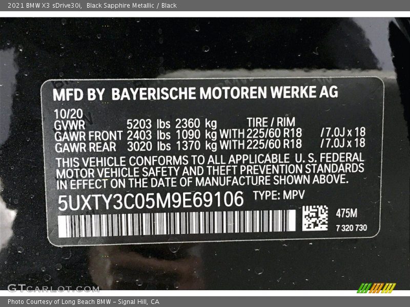 Black Sapphire Metallic / Black 2021 BMW X3 sDrive30i