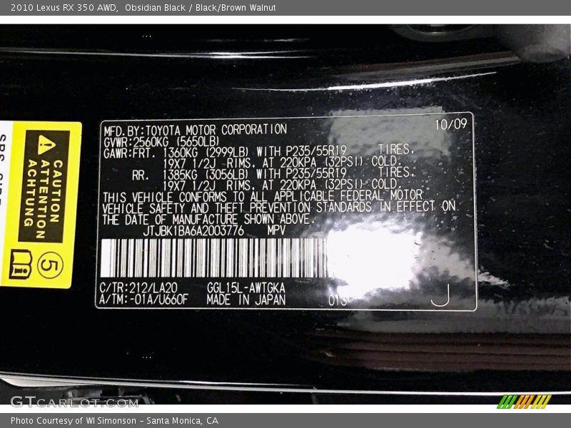 Obsidian Black / Black/Brown Walnut 2010 Lexus RX 350 AWD