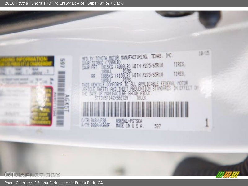 2016 Tundra TRD Pro CrewMax 4x4 Super White Color Code 040
