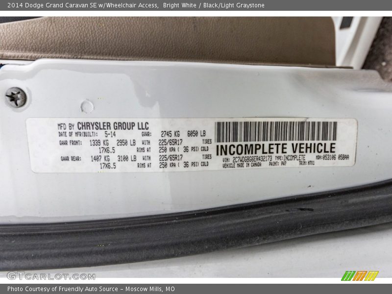 Bright White / Black/Light Graystone 2014 Dodge Grand Caravan SE w/Wheelchair Access