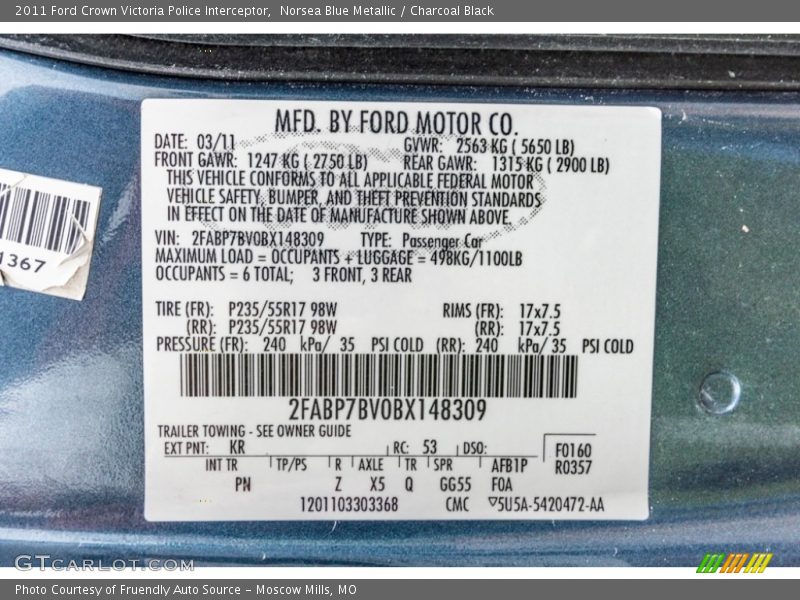 2011 Crown Victoria Police Interceptor Norsea Blue Metallic Color Code KR