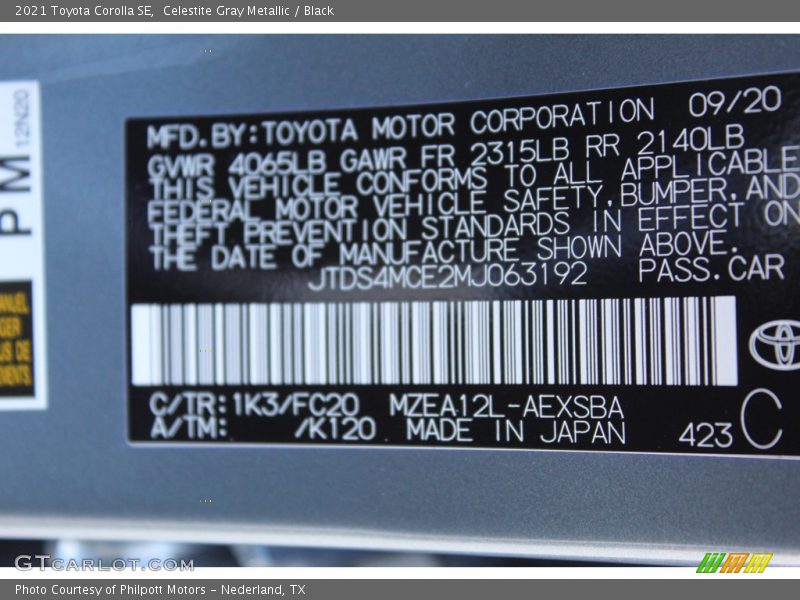 2021 Corolla SE Celestite Gray Metallic Color Code 1K3