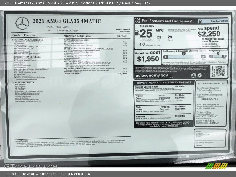  2021 GLA AMG 35 4Matic Window Sticker