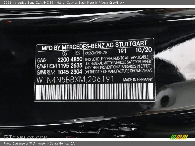 2021 GLA AMG 35 4Matic Cosmos Black Metallic Color Code 191
