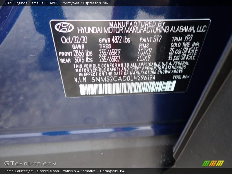 Stormy Sea / Espresso/Gray 2020 Hyundai Santa Fe SE AWD