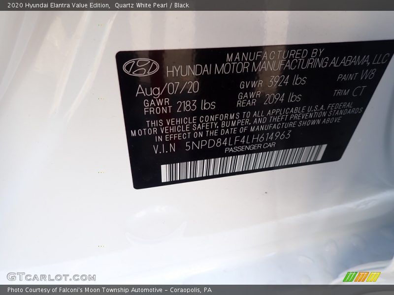 Quartz White Pearl / Black 2020 Hyundai Elantra Value Edition