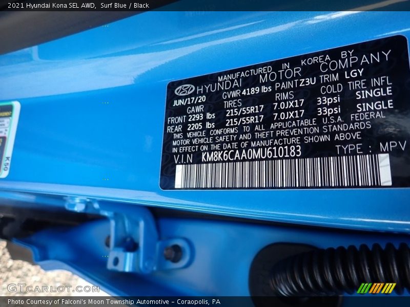 Surf Blue / Black 2021 Hyundai Kona SEL AWD