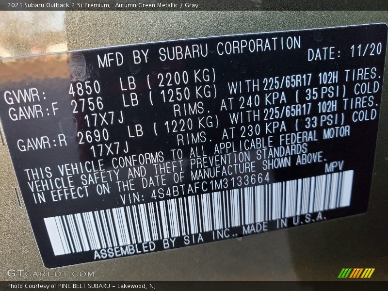 Autumn Green Metallic / Gray 2021 Subaru Outback 2.5i Premium