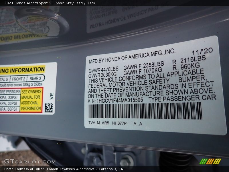 2021 Accord Sport SE Sonic Gray Pearl Color Code NH877P