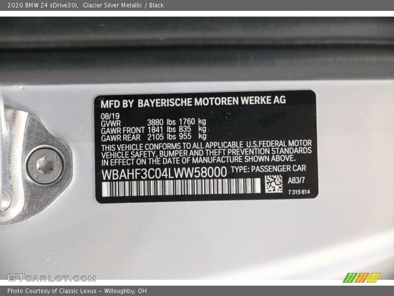 2020 Z4 sDrive30i Glacier Silver Metallic Color Code A83