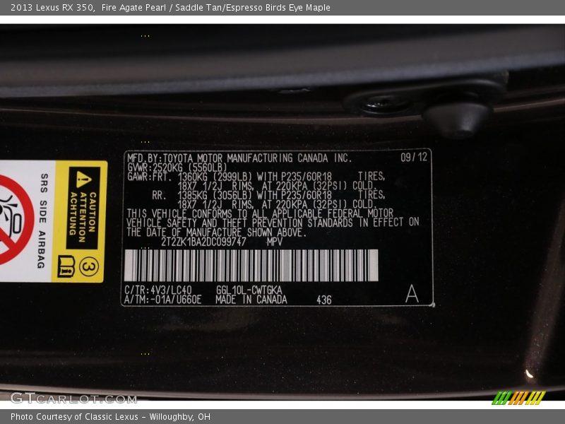 2013 RX 350 Fire Agate Pearl Color Code 4V3