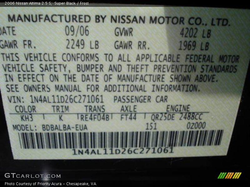 Super Black / Frost 2006 Nissan Altima 2.5 S